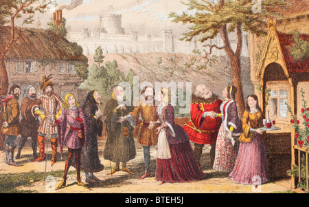 Sir John Falstaff on a visit to his friend Page, at Windsor. From The Merry Wives of Windsor, by William Shakespeare. Stock Photo