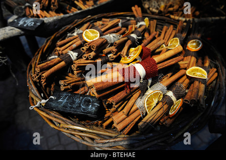 hand made traditional spice and Christmas decorations for sale in Vorosmarty square Christmas Market, Budapest Hungary Stock Photo