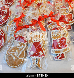 hand made traditional Christmas edible ginger bread decorations for sale in Vorosmarty square Christmas Market, Budapest Hungary Stock Photo