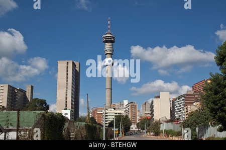 Hillbrow Tower with a celebratory 2010 soccer ball half way up the tower Stock Photo