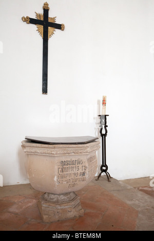 Baptismal Font in Santa Clara Church in the city of Santarém, Portugal. 13th century Mendicant Gothic Architecture. Stock Photo