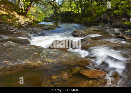 The Burn of Ample flows into Loch Earn via a series of cascades at the Falls of Edinample, Stirling, Scotland Stock Photo