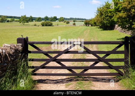 A traditional five bar gate on the Cotswolds near Kinetonhill Farm, Gloucestershire Stock Photo