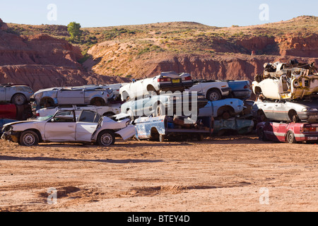 Crushed cars stacked in scrapheap - Arizona, USA Stock Photo