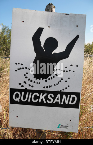 A 'Quicksand' warning sign at the edge of a lake in England, UK. Stock Photo