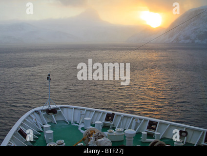 Winter coastal scenery near Honningsvåg, northern Norway - taken from a ship of the Hurtigruten line. Stock Photo