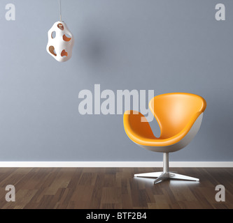 Interior design scene with a modern yellow chair and lamp on pale blue wall, copy space in the wall Stock Photo