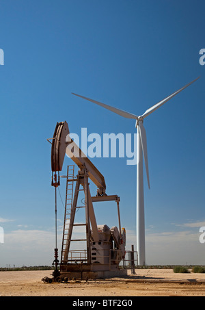 Stanton, Texas - An oil well and wind turbines in west Texas. Stock Photo