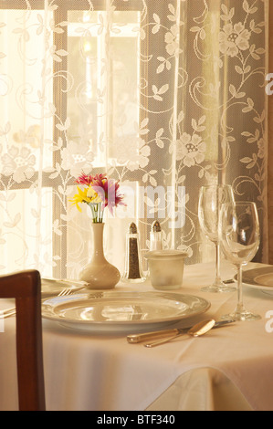 Table set for dinner at Joel Palmer House; Dayton, Yamhill County, Oregon. Stock Photo