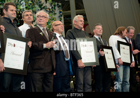 PARIS, FRANCE, Large Group People, Standing on Stage, French CHefs Winning Awards at Ceremony, Gourmet Chocolat Trade Show, Stock Photo