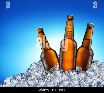 Three beer bottles getting cool in ice cubes. Isolated on a blue. File contains a path to cut Stock Photo