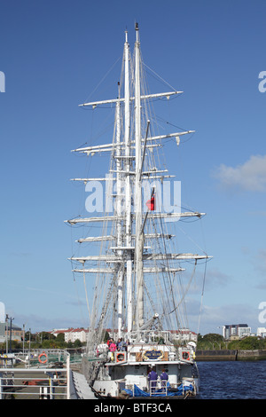 Jubilee Sailing Trust tall ship STS Lord Nelson berthed on the River Clyde at Pacific Quay, Glasgow, Scotland ,UK Stock Photo