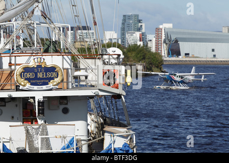 Jubilee Sailing Trust tall ship STS Lord Nelson berthed on the River Clyde at Pacific Quay, Glasgow, Scotland ,UK Stock Photo