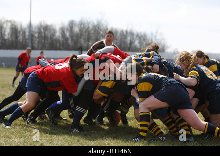 American University battles George Washington University during a women's match at the annual Cherry Blossom Rugby Tournament. Stock Photo