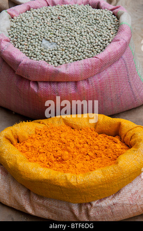 indian market stall with sacks of indian spices and dried produce. Puttaparthi, Andhra Pradesh, India Stock Photo