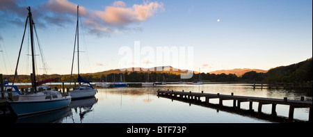 Several yachts moored in Waterhead at dawn on Lake Windermere Lake District National Park Cumbria England UK Stock Photo