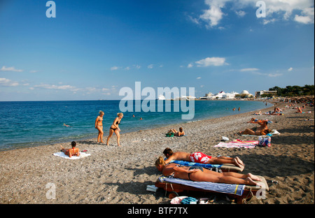 People at Elli Beach, the main beach of Rhodes Town, Rhodes, Greece. Stock Photo