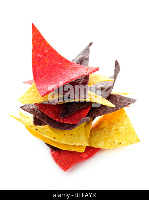 Stack of colorful tortilla chips isolated on white background Stock Photo