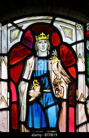 Stained glass window depicting King Edward The Martyr in the shrine which once housed his relics in the ruins of Shaftesbury Abb Stock Photo