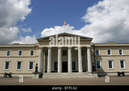 Sandhurst Royal Military Academy with Union Jack flag flying from flagpole in Sandhurst, Surrey, United Kingdom