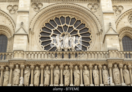 Detail of the ornate stone sculptures and carvings on Notre Dame Cathedral, in Paris, France. Stock Photo