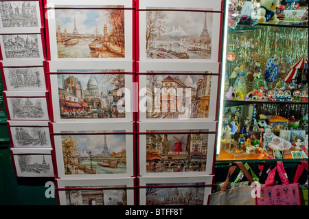 Paris, France, Street Scene,  Montmartre District, Paris Tourist Souvenir Paintings for Sale on Display, Eiffel Tower Art Stock Photo