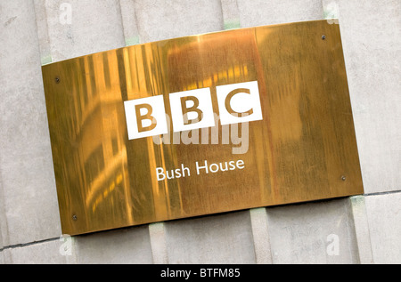 bbc brass sign outside bush house, london, england Stock Photo