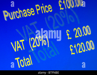 VAT (V.A.T.)  at 20% featured on a computer screen. Value added tax concept. Stock Photo