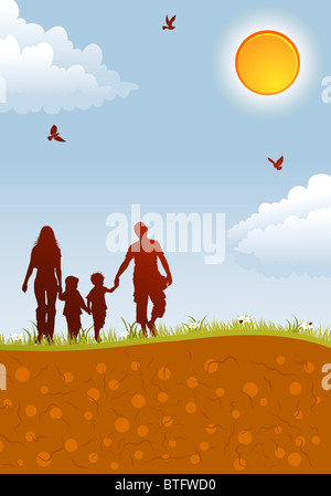 Silhouettes of family on nature background with bird, sun and flower, element for design, vector illustration Stock Photo