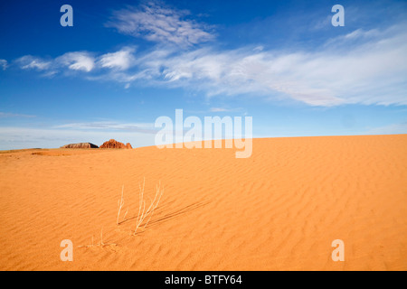 Sand dunes in the San Rafael Desert near Goblin Valley State Park in Utah USA. Gilson Buttes appear in the distant background. Stock Photo