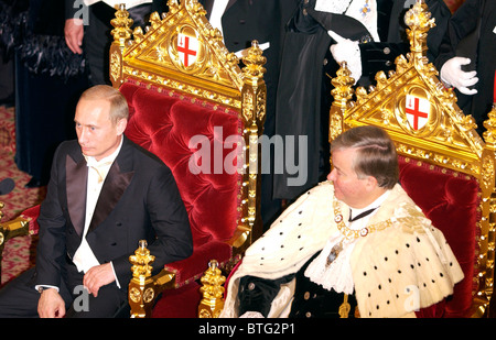 President Putin of the Russian Federation with Lord Mayor of London at banquet at Guildhall, during official visit to Britain Stock Photo