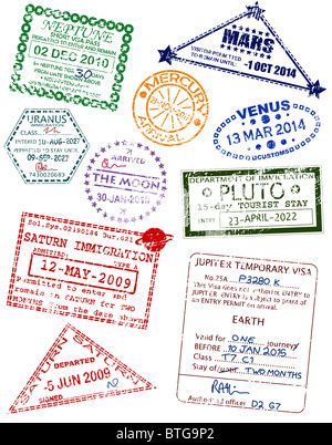 Set of illustrated visas from different planets Stock Photo