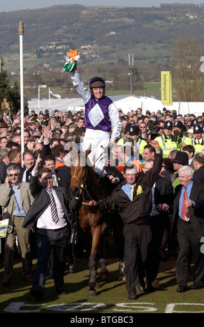 Jockey Barry Geraghty, the winner of the Gold Cup on winning horse Kicking King at Cheltenham on the last day of the races Stock Photo