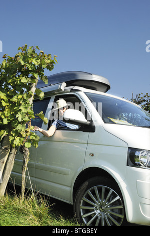 Driver in a 2010  VW T5 California in Rhineland  Palatinate vineyard inspecting 2010 harvest Stock Photo