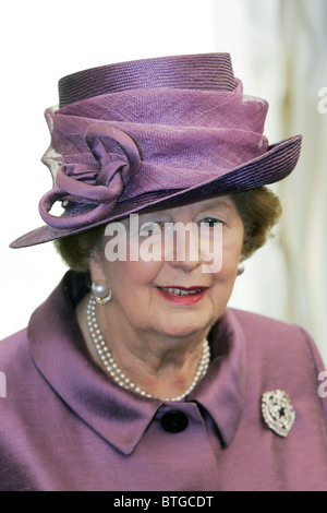 Margaret Thatcher attends a service at the Falkland Islands Memorial Chapel to mark the 25th anniversary of Liberation Day Stock Photo