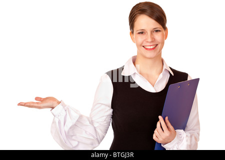 Happy businesswoman holds open hand for advertisement. Isolated on white background. Stock Photo