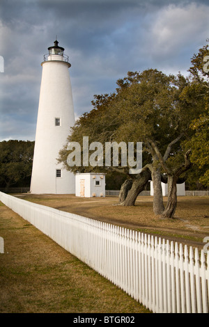 Looking up the picket fence at the historic Ocracoke Island Lighthouse in North Carolina's Outer Banks along Cape Hatteras Stock Photo