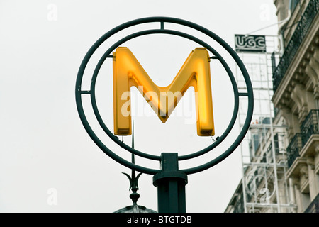 yellow modern illuminated Paris Metro sign Boulevard Saint Michel Paris Stock Photo