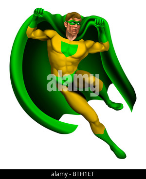 Illustration of an amazing superhero dressed in yellow and green costume with cape landing Stock Photo