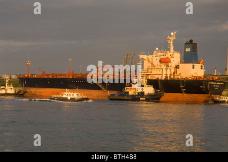 Tugs pushing oil tanker onto jetty, Texaco oil refinery, Milford Haven, Pembrokeshire, Wales, UK, Europe Stock Photo
