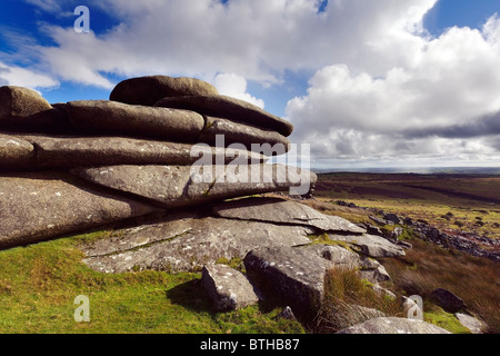 View across Bodmin moor from a stone stack near Minions, Launceston, Bodmin Moor, Cornwall Stock Photo