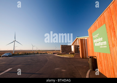 Dawn over Whitelee wind farm and visiter centre on Eaglesham Moor just south of Glasgow in Scotland, UK Stock Photo