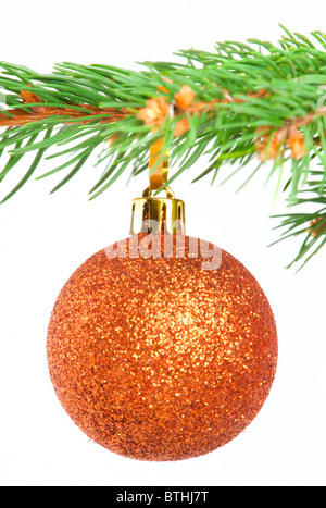 Christmas ball on a fir tree branch isolated on white Stock Photo
