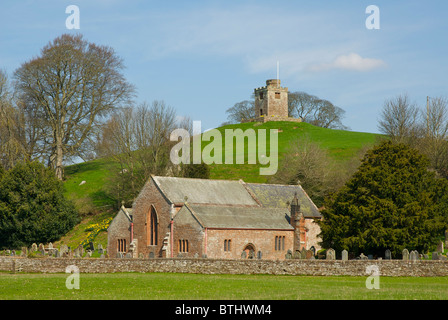 St Oswald's church - and detached bell tower on hill - Kirkoswald, Eden Valley, Cumbria, England UK Stock Photo