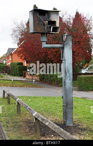 Vandalised & Destroyed GATSO Speed Camera Result of Arson Attack Showing Melted Face From Intense Heat Stock Photo