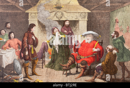 Falstaff enacts the part of the King in Henry IV, Part I, Act II, Scene IV, by William Shakespeare. Stock Photo