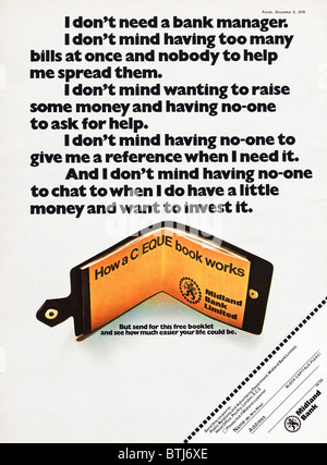 Advertising for Midland Bank on how a cheque book works in magazine circa 1970 Stock Photo