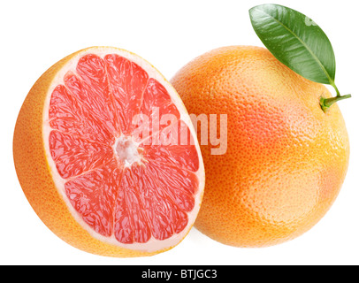 Ripe grapefruit with leaf and half of fruit. Isolated on a white. Stock Photo