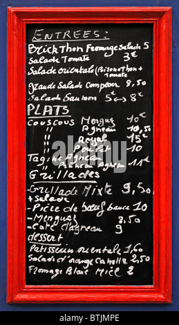 Paris, France. Menu on blackboard outside North African restaurant in Quartier Latin / Latin Quarter / Left Bank Stock Photo