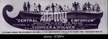 New York City, illustration advertising the Central Park Skate Emporium, circa 1889. Stock Photo